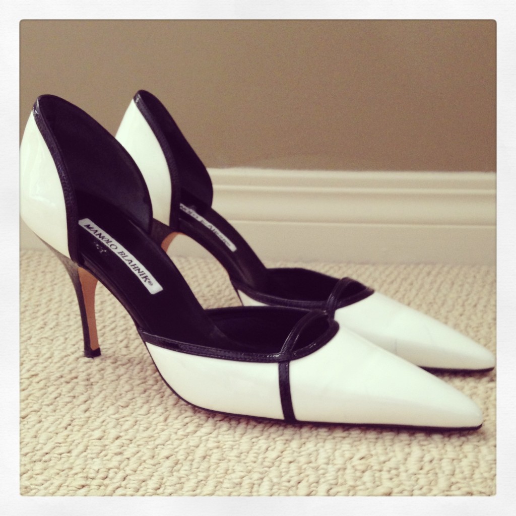 Manolo Blahnik white patent leather pumps black trim