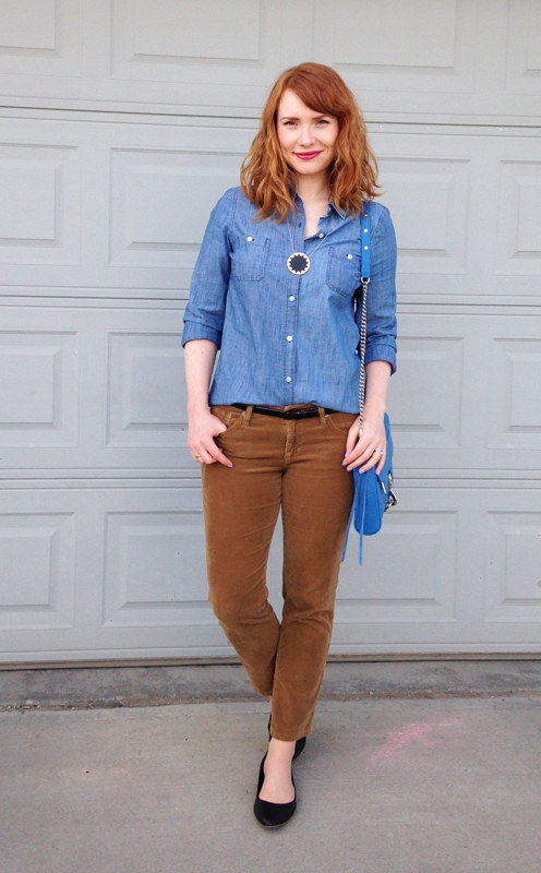 Old Navy chambray shirt; House of Harlow starburst necklace