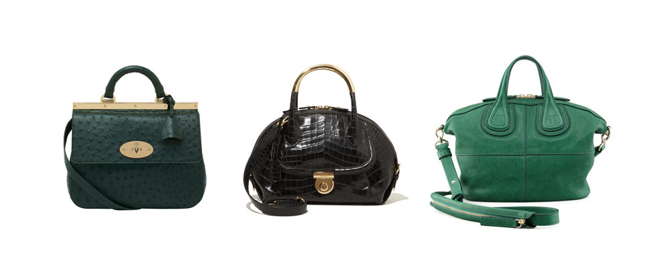 A sampling of Holy Grail bags: Mulberry Suffolk - ostrich; Ferragamo Fiamma - croc; Givenchy Nightingale