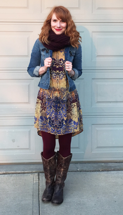 Denim jacket with dress and outlet boots