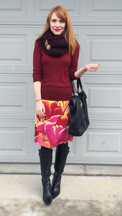 Skirt, H&M; sweater, J. Crew Factory; scarf, Aldo; shoes, Bandolino (thrifted); bag, Gucci (via consignment)