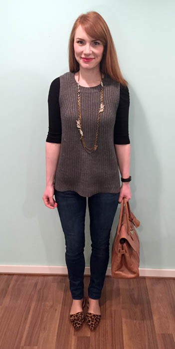 Sweater, Joe Fresh; top, H&M; jeans, Joe's (via consignment); shoes, J. Crew Factory; bag. Mulberry (via consignment); necklace, Lulu Frost