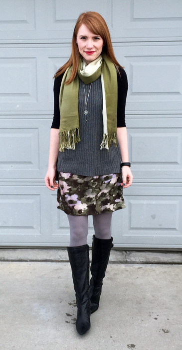 Dress, Simply Vera (thrifted); sweater, Joe Fresh; top, H&M; scarf, gift; boots, Bandolino (thrifted)