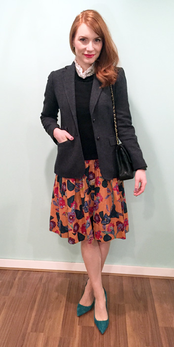 Blazer, blouse & sweater, J. Crew Factory; skirt, Anthropologie (via eBay); shoes, J. Crew; bag, vintage Chanel (via consignment)