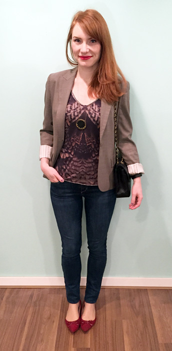 Blazer, Theory (thrifted); top, All Saints (via consignment); jeans, Joe's Jeans (via consignment); necklace, House of Harlow; shoes, Ellen Tracy