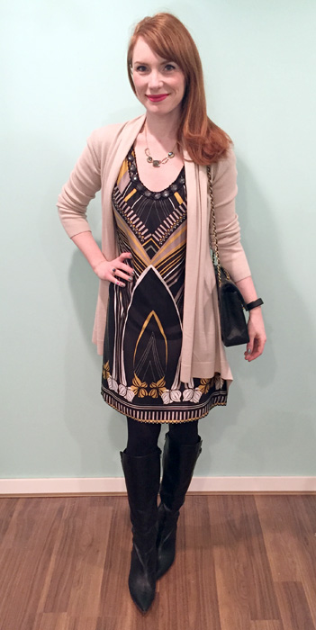 Dress, Ted Baker (via consignment); cardigan, Theory; shoes, Bandolino (thrifted); bag, vintage Chanel (via consignment)