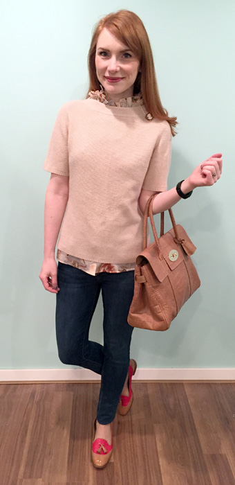 Sweater, Judith & Charles; top & shoes, J. Crew; jeans, Joe's Jeans; bag, Mulberry