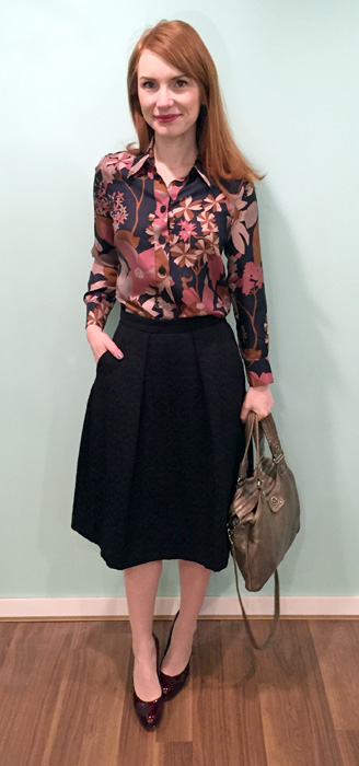 Top, See by Chloe (thrifted); skirt, Zara; shoes, Stuart Weitzman (via consignment); bag, MbMJ