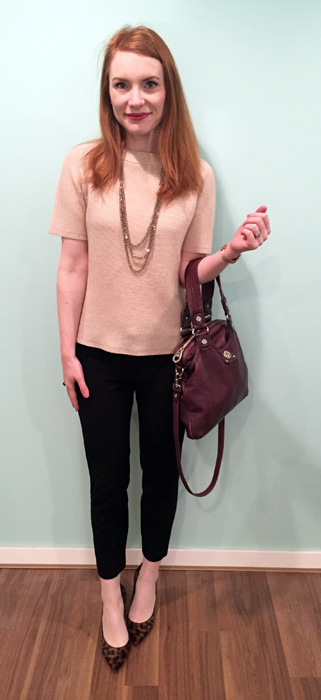 Sweater, Judith & Charles (via consignment); pants, BR; necklace, Cleo; shoes, J. Crew (thrifted); bag, MbMJ