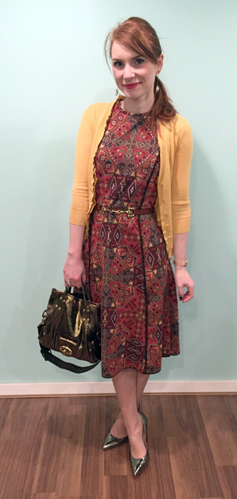 Dress, Zara (thrifted); cardigan, J. Crew (via eBay); belt, Holt Renfrew; shoes, Ivanka Trump; bag, Mulberry (via eBay)