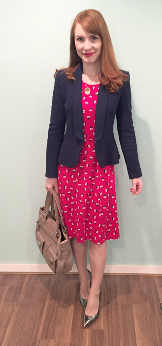 Dress, Boden; blazer, Zara; shoes, Ivanka Trump; bag, Marc Jacobs