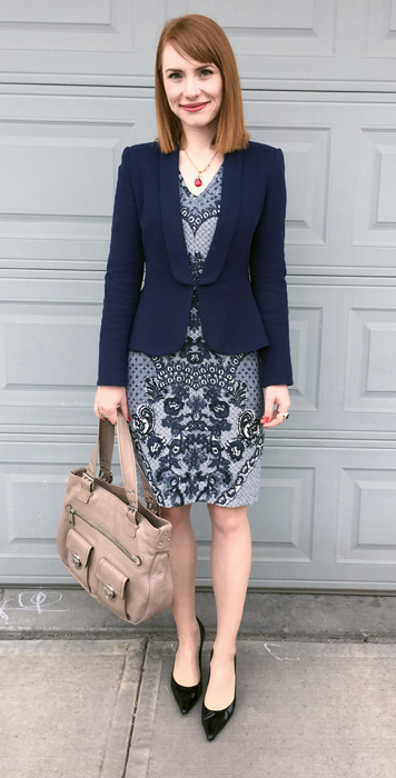 Blazer, Zara (swap); dress, Anthropologie (thrifted); shoes, Stuart Weitzman; necklace, Swarovski; bag, Marc Jacobs