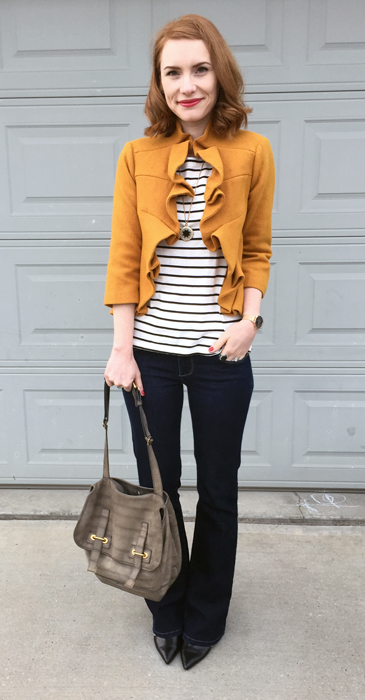 Jacket, Anthropologie (via eBay); top & necklace, J. Crew Factory; jeans, Paige (thrifted); shoes, Nine West