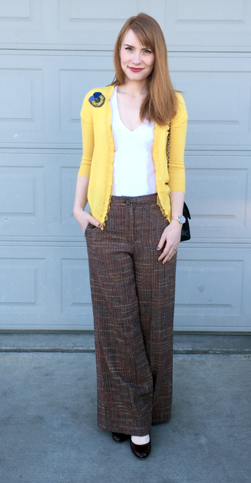 Cardigan & shoes, J. Crew; top, James Perse; pants, Anthropologie (thrifted); bag, Mulberry