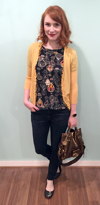 Cardigan, J. Crew; top, Anthropologie (thrifted); jeans, William Rast (thrifted); shoes, Tory Burch (via Kijiji); necklace, Old Navy; bag. Mulberry