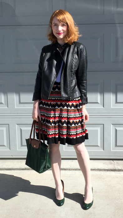 Jacket, Joe Fresh (thrifted); top, James Perse; skirt, Anthro (thrifted); shoes, Ivanka Trump; bag, Longchamp