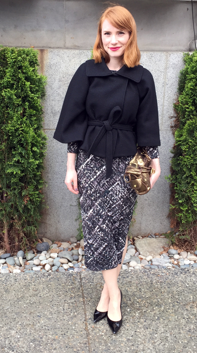 Cape, Club Monaco; dress, S-12 (thrifted); shoes, Stuart Weitzman; bag, Mulberry