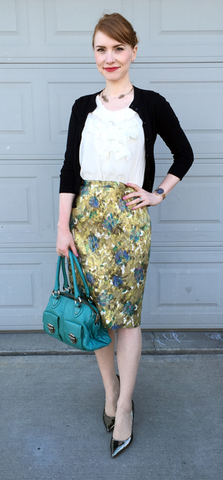 Dress, Anthropologie (via eBay); cardigan, J. Crew Factory; shoes, Ivanka Trump; bag,. Marc Jacobs