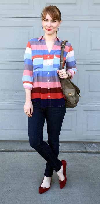 Top, Anthropologie (thrifted); jeans, William Rast (thrifted); shoes, Ellen Tracy; bag, YSL