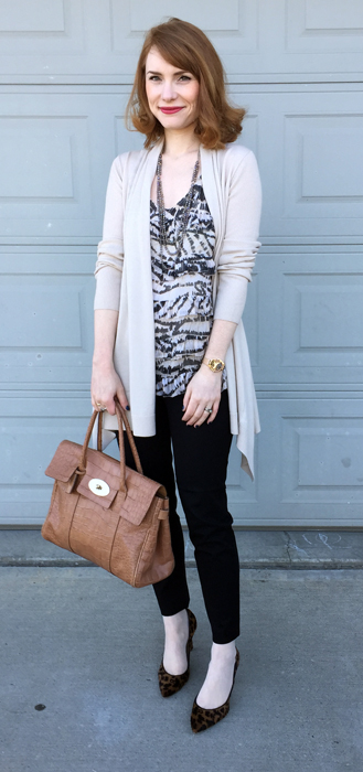 cardigan, Theory; top, DvF (thrifted); pants, J. Crew Factory; shoes, J. Crew (thrifted); bag, Mulberry