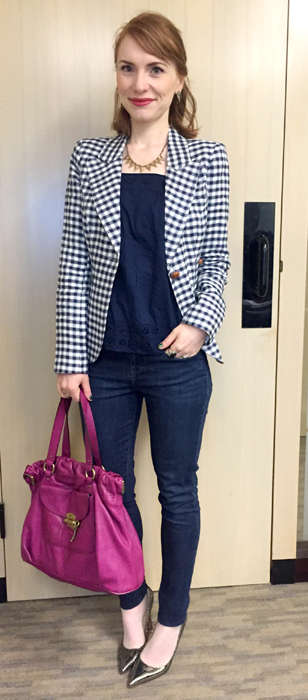 Blazer, Smythe; top, J. Crew (thrifted); jeans, William Rast (thrifted); shoes, Ivanka Trump; bag, Mulberry (via eBay)