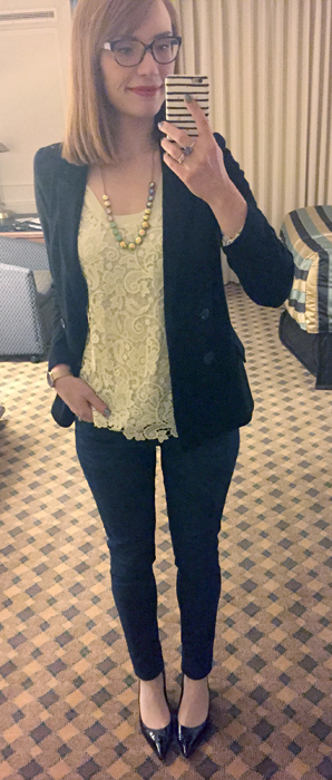 Blazer, Anthropologie (thrifted); top, J. Crew Factory; jeans, William Rast (thrifted); shoes, Stuart Weitzman