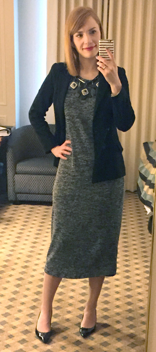 Blazer, Anthropologie; dress, Joe Fresh; shoes, Stuart Weitzman