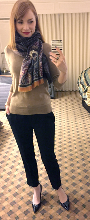 Sweater, J. Crew Factory; pants, Babaton (thrifted); scarf, F&F (thrifted); brooch, thrifted