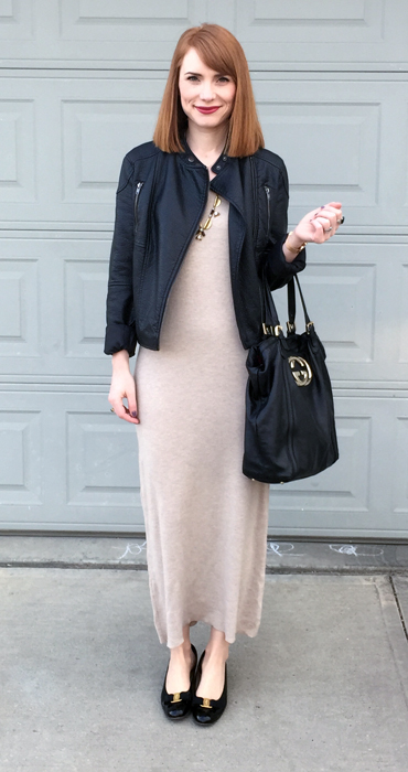 Jacket, Joe Fresh (thrifted); dress, Eileen Fisher (thrifted); shoes, Ferragamo (via Etsy); bag, Gucci