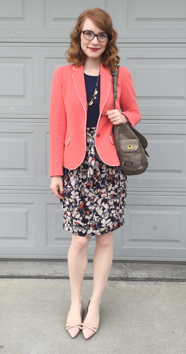 Blazer, Gap (thrifted); top, Joe Fresh; skirt, Boss (via consignment); shoes, Prada; bag. YSL