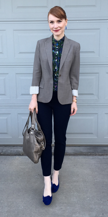 Top, J. Crew (via consignment); blazer, Theory (thrifted); pants, BR (thrifted); shoes, Manolo Blahnik (thrifted); bag, MbMJ