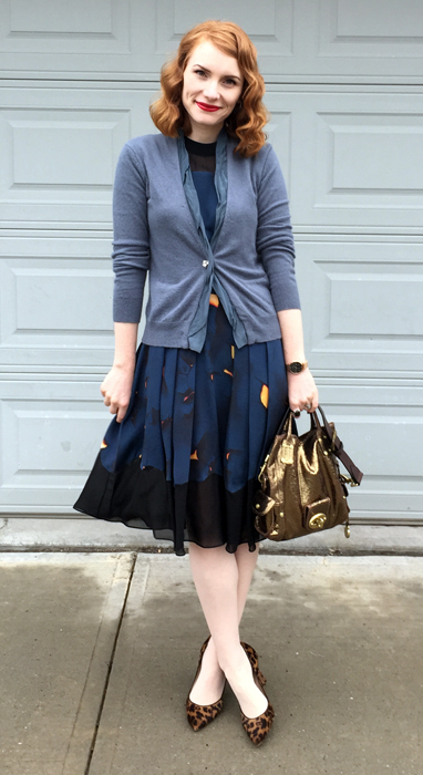 Dress, Phillip Lim; cardigan, Nougat (thrifted); shoes, J. Crew (thrifted); bag, Mulberry
