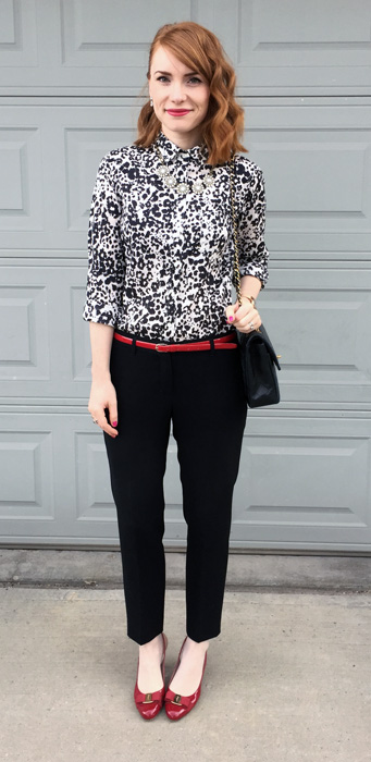 Shirt, J. Crew (via consignment); pants, Babaton (thrifted); shoes, Ferragamo (via consignment); bag, Chanel (vintage)