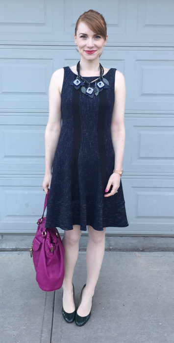 Dress, Nanette Lepore (thrifted); necklace, MaxMara; shoes, Ivanka Trump; bag, Mulberry