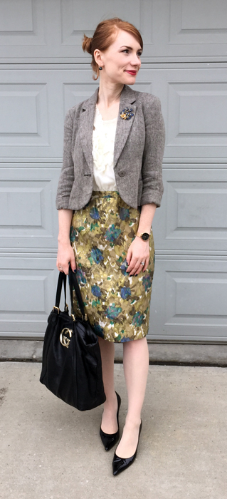 Dress, Anthropologie (via eBay); jacket, Anthropologie (thrifted); shoes, Stuart Weitzman; bag, Gucci