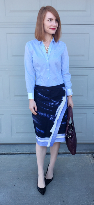 Shirt, H&M (gifted); skirt, Banana Republic; shoes, Stuart Weitzman; bag, MbMJ