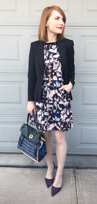 Dress, Club Monaco (thrifted); blazer, DKNY (thrifted); necklace, BR; shoes, J. Crew; bag, YSL