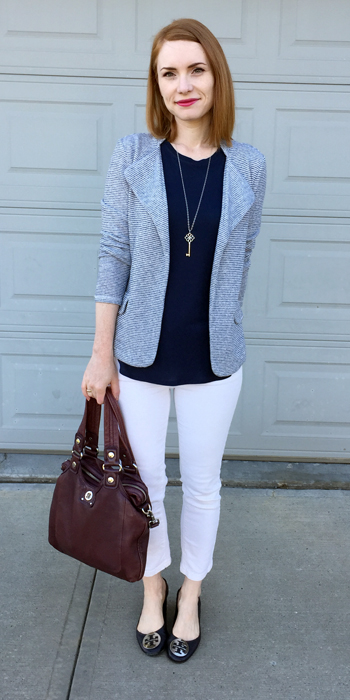 Jacket & jeans, Anthropologie (thrifted); top, Joe Fresh; shoes, ory Burch (via consignment); bag, MbMJ