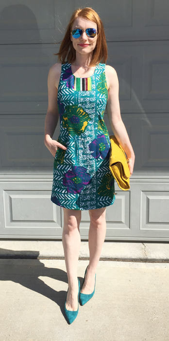 Dress, Anthropologie (thrifted); shoes, J. Crew; bag, MbMJ (via consignment)