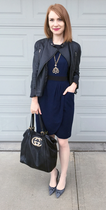 Dress, Club Monaco (thrifted); jacket, Joe Fresh (thrifted); shoes, Nine West (thrifted); necklace, Lulu Frost; bag, Gucci (via consignment)