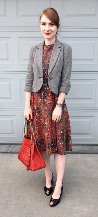 Dress, Zara (thrifted); blazer, Anthropologie (thrifted); belt, BCBG; shoes, Stuart Weitzman (thrifted); bag, Gucci (via consignment)