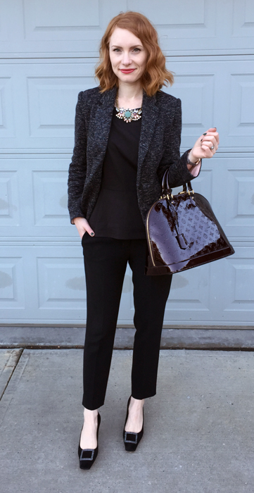 Blazer, Cartonnier (thrifted); top, Theory (thrifted); pants, Aritzia (thrifted); shoes, Stuart Weitzman (thrifted); bag, Louis Vuitton; necklace, J. Crew Factory