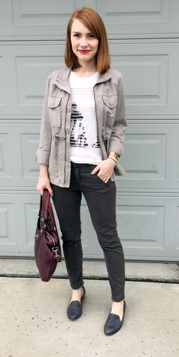 Jacket, J. Crew (via consignment); top, J. Crew Factory; pants, Pilcro (thrifted); shoes, Kelsi Dagger (thrifted); bag, MbMJ