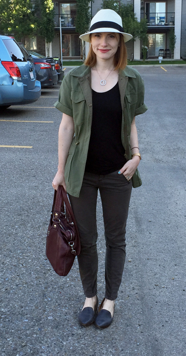 Jacket, Club Monaco (thrifted); top, Gap (thrifted); pants, Pilcro; hat, Aritzia