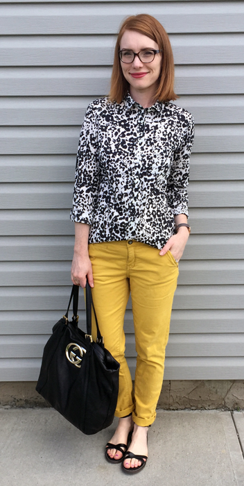 Shirt, J. Crew (via consignment); pants, Pilcro (gifted); shoes, J. Crew Factory; bag, Gucci