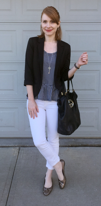 Blazer, Topshop (thrifted); top, Gap; pants, Pilcro (thrifted); shoes, Ferragamo (gifted); bag, Gucci