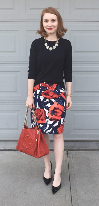 Skirt, Anthropologie (via eBay); sweater, J. Crew Factory; shoes, Stuart Weitzman; bag, Gucci (via consignment)