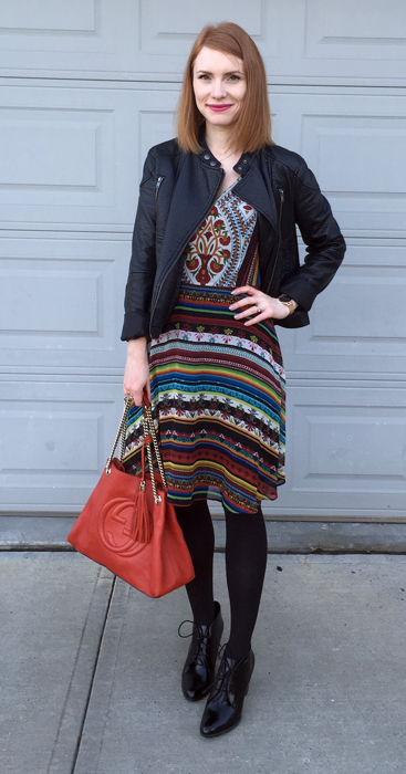 Dress, Gabby Skye; jacket, Joe Fresh (thrifted); boots, Clarks; bag, Gucci