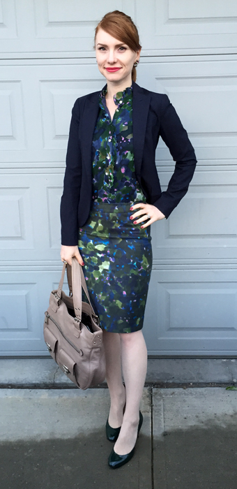 Blouse & skirt, J. Crew (via consignment); blazer, Theory (thrifted); shoes, IT; bag, Marc Jacobs