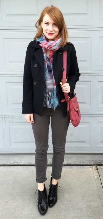 Coat, Ben Sherman (thrifted); top, Gap; pants, Pilcro (thrifted); scarf, no brand (thrifted); shoes, Clarks; bag, Fossil (thrifted)